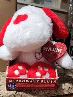 White & Red Weighted Heart Microwave Plush Puppy.